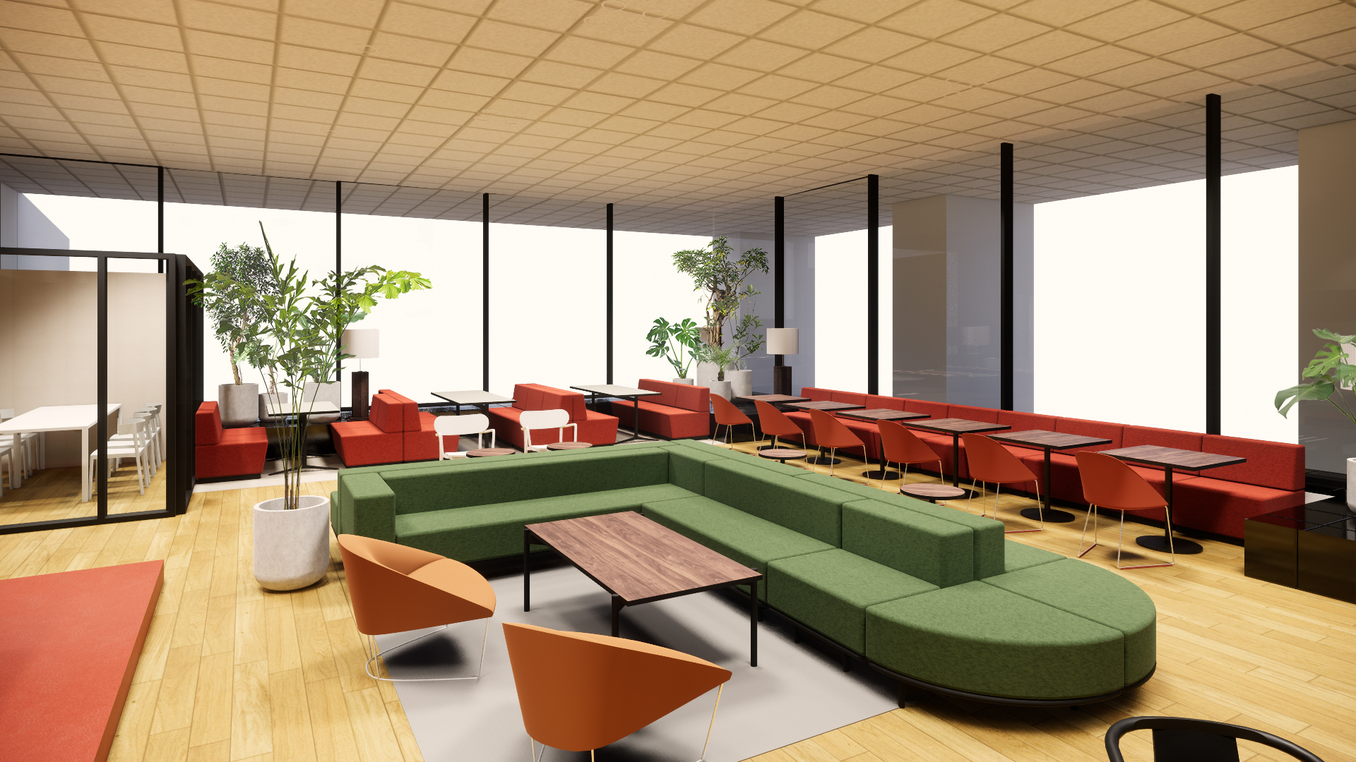 社員同士の活発なコミュニティが生まれるラウンジ「SOMPO Park Lounge」の設計